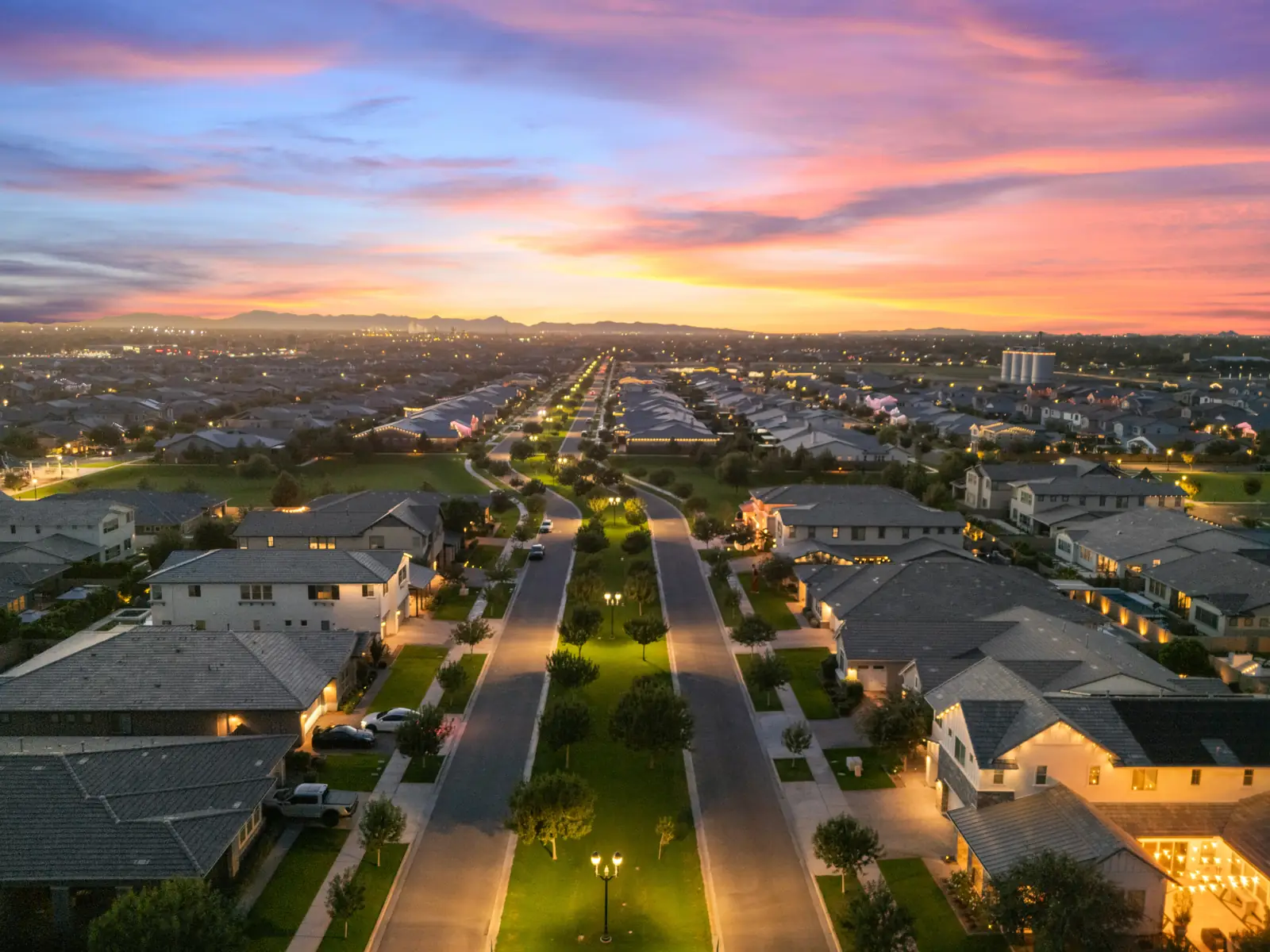 Morrison Ranch homes, streets and greenbelts at dusk in Gilbert, Arizona